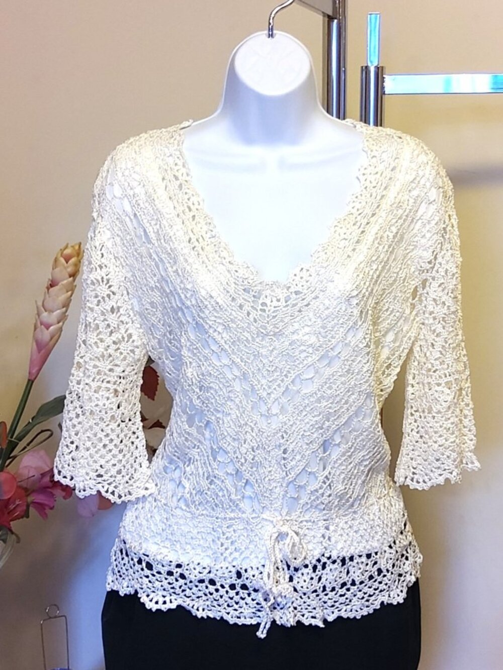 NWOT Kroshetta Quality Knit Crochet Cardigan Sweater ¾ Sleeves Knitwear Women S